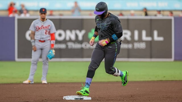 Jun 20, 2025; St. Petersburg, Florida, USA; Tampa Bay Rays first base Yandy Díaz (2) rounds second after hitting a home run during the first inning against the Detroit Tigers at George M. Steinbrenner Field. Mandatory Credit: Mike Watters-Imagn Images