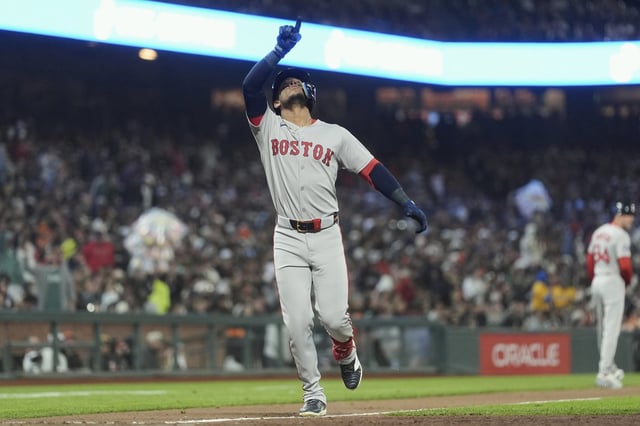 Boston Red Sox's Ceddanne Rafaela celebrates after hitting a home run against the San Francisco Giants during the sixth inning of a baseball game in San Francisco, Friday, June 20, 2025. (AP Photo/Jeff Chiu)