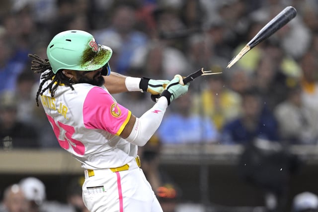 SAN DIEGO, CALIFORNIA – JUNE 20: Fernando Tatis Jr. #23 of the San Diego Padres breaks his bat on a pop-up during the eighth inning against the Kansas City Royals at Petco Park on June 20, 2025 in San Diego, California. (Photo by Orlando Ramirez/Getty Images)