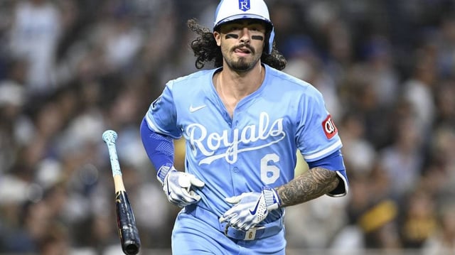 Jun 20, 2025; San Diego, California, USA; Kansas City Royals third baseman Jonathan India (6) hits a three-run home run during the fifth inning against the San Diego Padres at Petco Park. Mandatory Credit: Denis Poroy-Imagn Images