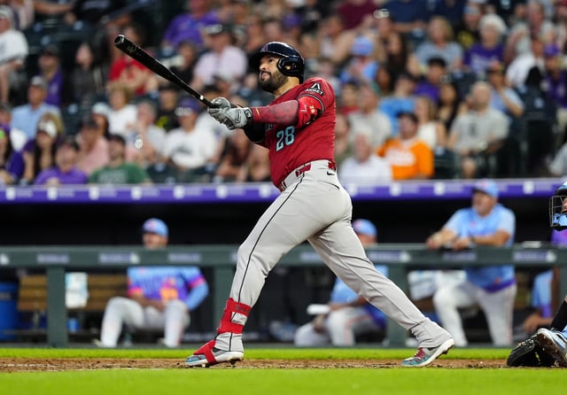 Jun 20, 2025; Denver, Colorado, USA; Arizona Diamondbacks third baseman Eugenio Suarez (28) hits a two run home run in the sixth inning against the Colorado Rockies at Coors Field. Mandatory Credit: Ron Chenoy-Imagn Images