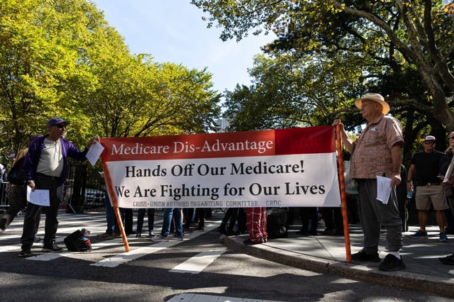 Retirees protesting the Medicare Advantage situation relating to the 12-126 law outside of City Hall, Manhattan, New York, Wednesday, October 12, 2022. (Shawn Inglima for New York Daily News)