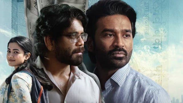 Rashmika Mandanna, Nagarjuna and Dhanush in a poster of Kuberaa