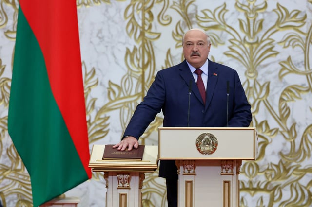 Alexander Lukashenko takes the oath during an inauguration ceremony, as he is sworn in as Belarusian President for the seventh term, in Minsk, Belarus, March 25, 2025. Press Service of the President of the Republic of Belarus/Handout via REUTERS/File Photo