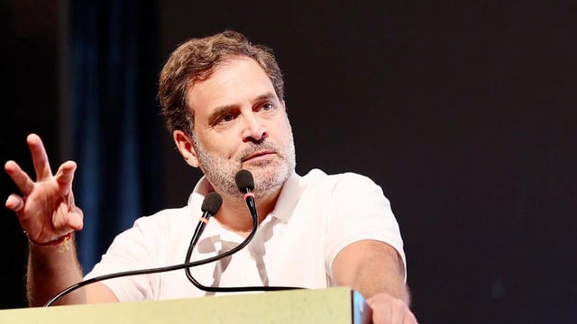 Leader of Opposition and Congress leader Rahul Gandhi addressing a meeting.