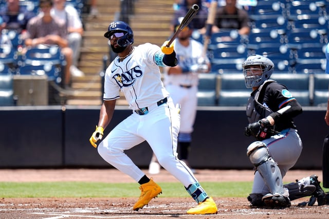 Tampa Bay Rays&#39; Junior Caminero watches his double off Miami Marlins pitcher Edward Cabrera during the first inning of a baseball game Friday, June 6, 2025, in Tampa, Fla. (AP Photo/Chris O&#39;Meara)