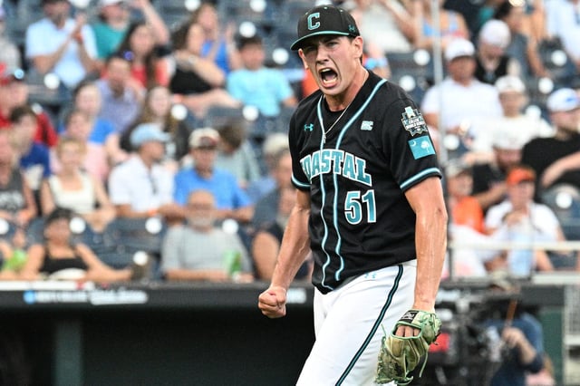 Coastal Carolina starting pitcher Jacob Morrison (51) walks off the mound after the seventh inning against Oregon State at Charles Schwab Field in Omaha, Nebraska on June 15, 2025.
