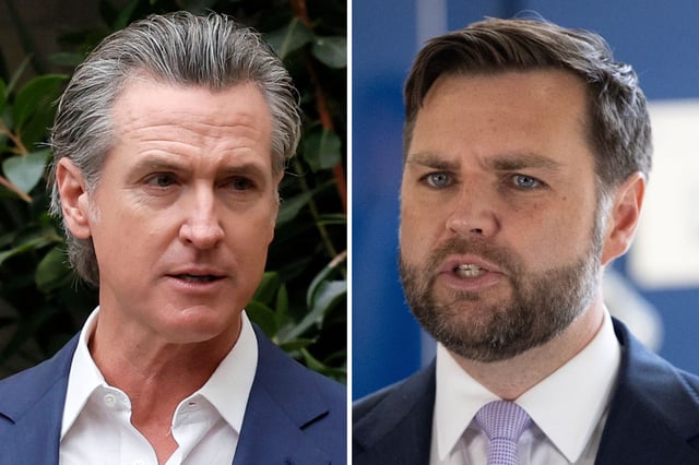 Governor Newsom speaking onstage during the Vogue World: Hollywood Press Announcement at Chateau Marmont on March 26, 2025 in Los Angeles, California (left) and Vice President Vance addressing the press following a tour of the multiagency Federal Joint Operations Center at the Wilshire Federal Building on June 20, 2025 in Los Angeles, California (right).