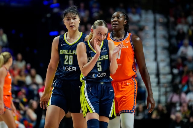Paige Bueckers #5 of the Dallas Wings reacts to a call during the first half of a WNBA basketball game against the Connecticut Sun at Mohegan Sun Arena on June 20, 2025.(Joe Buglewicz/Getty Images)