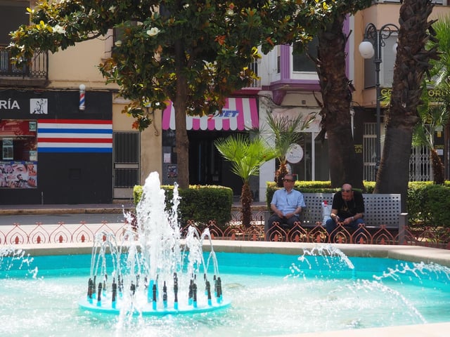 Vecinos de Alzira se refugian del calor bajo la sombra de unos árboles en la Plaça Major.