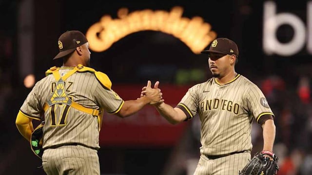Jun 3, 2025; San Francisco, California, USA;  San Diego Padres relief pitcher Jeremiah Estrada (56) celebrates with catcher Elias Diaz (17) after the game against the San Francisco Giants at Oracle Park. Mandatory Credit: Kelley L Cox-Imagn Images