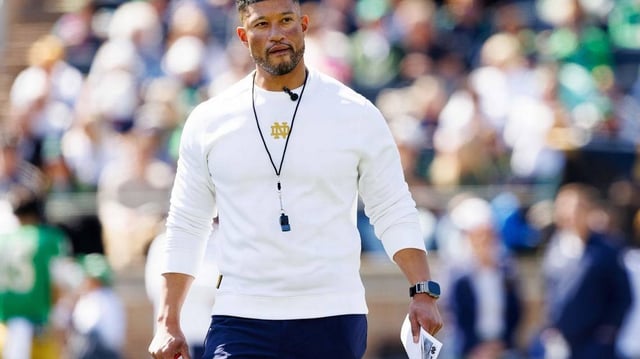 Notre Dame head coach Marcus Freeman during the Notre Dame Blue-Gold spring football game at Notre Dame Stadium on Saturday, April 12, 2025, in South Bend.