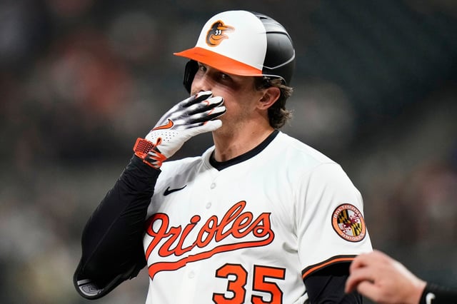 Baltimore Orioles&#39; Adley Rutschman (35) reacts to a called strike during his at-bat in the eighth inning of a baseball game against the Detroit Tigers, Tuesday, June 10, 2025, in Baltimore.