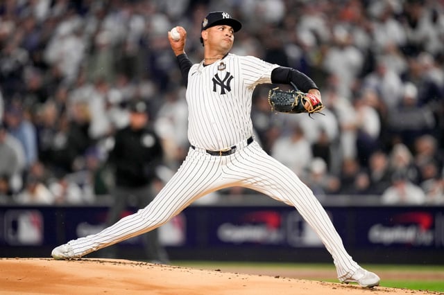 New York Yankees pitcher Luis Gil throws against the Los Angeles Dodgers during the first inning in Game 4 of the baseball World Series, Tuesday, Oct. 29, 2024, in New York. (AP Photo/Ashley Landis)