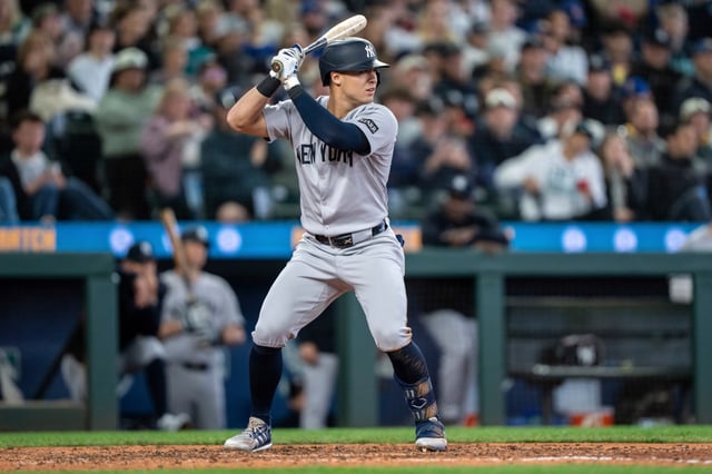New York Yankees&#39; Anthony Volpe waits for a pitch during an at-bat in a baseball game against the Seattle Mariners, Wednesday, May 14, 2025, in Seattle. (AP Photo/Stephen Brashear)
