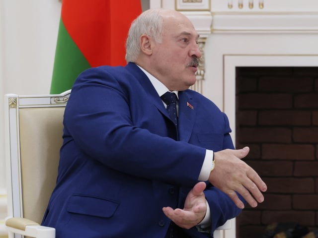 In this pool photograph distributed by the Russian state agency Sputnik, Belarus' President Alexander Lukashenko attends a meeting with his Russian counterpart in Volgograd on April 29, 2025. (Photo by Mikhail METZEL / POOL / AFP) (Photo by MIKHAIL METZEL/POOL/AFP via Getty Images)