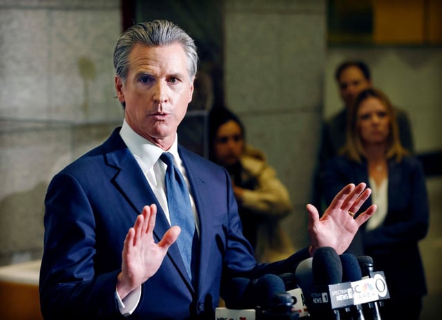 Gov. Gavin Newsom speaks after U.S. District Judge Charles Breyer granted an emergency temporary restraining order to stop President Trump’s deployment of the California National Guard, Thursday, June 12, 2025, at the California State Supreme Court building in San Francisco. (Santiago Mejia/San Francisco Chronicle via AP)