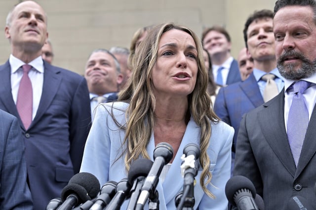 Karen Read during a news conference outside the courthouse after she was found not guilty of second-degree murder, in Dedham, Mass., on June 18, 2025.