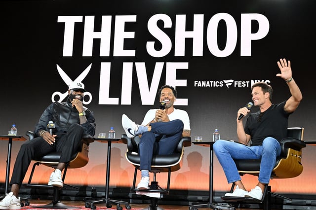 LeBron James, Maverick Carter and Tom Brady speak onstage during Fanatics Fest NYC 2025 at Javits Center on June 21, 2025 in New York City.