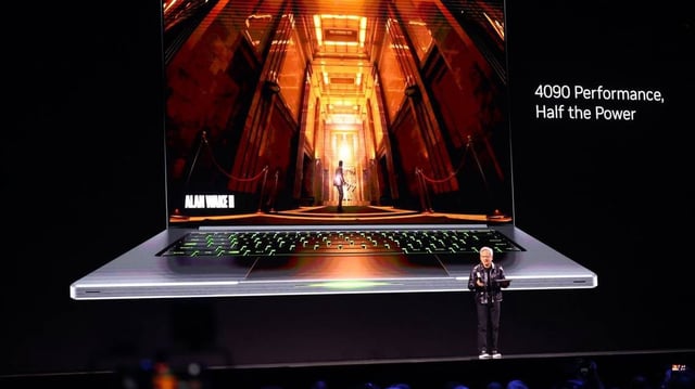 Jensen Huang, founder and chief executive officer of NVIDIA, unveils the latest RTX 5070 laptop processors on stage during the 2025 International CES at the Mandalay Bay Resort and Casino in Las Vegas on January 6. File Photo by James Atoa/UPI