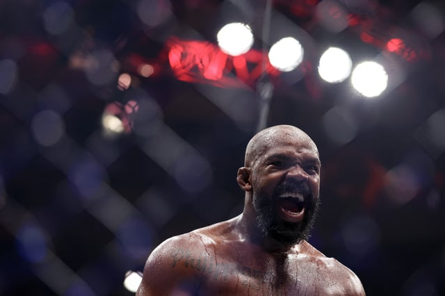 Jon Jones of the United States of America reacts after his TKO victory against Stipe Miocic of the United States of America in the UFC heavyweight championship fight during the UFC 309 event at Madison Square Garden on November 16, 2024 in New York City.