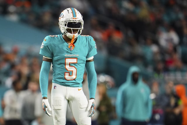 Jalen Ramsey #5 of the Miami Dolphins looks on from the field during an NFL football game against the Tennessee Titans at Hard Rock Stadium on December 11, 2023 in Miami Gardens, Florida.
