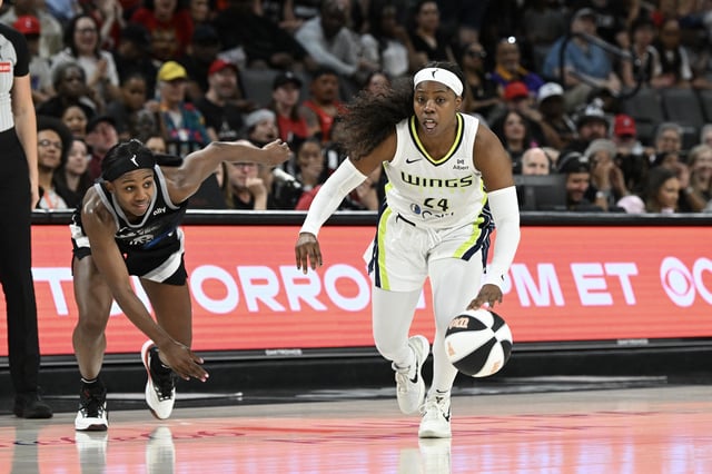 Jun 13, 2025; Las Vegas, Nevada, USA; Dallas Wings guard Arike Ogunbowale (24) drives past Las Vegas Aces guard Jackie Young (0) in the fourth quarter of their game at Michelob Ultra Arena. Mandatory Credit: Candice Ward-Imagn Images/File Photo
