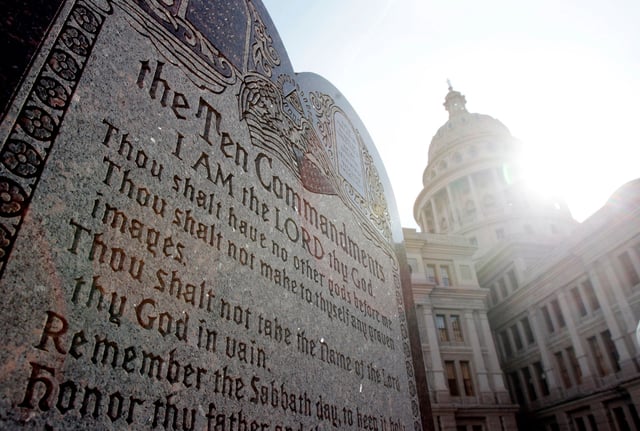 A monument with the Ten Commandments sits on the north side of the Texas capitol, in Austin, Texas, on January 6, 2011.