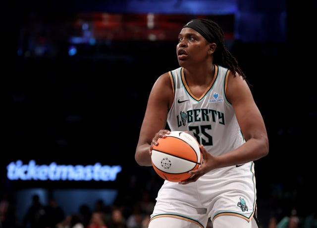 NEW YORK, NEW YORK - MAY 27:  Jonquel Jones #35 of the New York Liberty takes a shot in the second half against the Golden State Valkyries at Barclays Center on May 27, 2025 in the Brooklyn borough of New York City. The New York Liberty defeated the Golden State Valkyries 95-67. NOTE TO USER: User expressly acknowledges and agrees that, by downloading and or using this photograph, User is consenting to the terms and conditions of the Getty Images License Agreement. (Photo by Elsa/Getty Images)