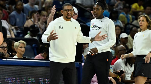 Jun 21, 2025; Chicago, Illinois, USA; Chicago Sky head coach Tyler Marsh directs his team against the Phoenix Mercury during the first half at Wintrust Arena. Mandatory Credit: Matt Marton-Imagn Images