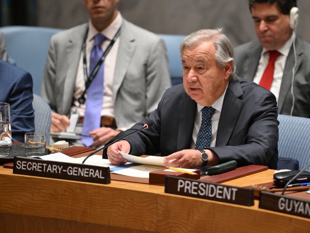 UN Secretary General Antonio Guterres (C) speaks during a United Nations Security Council meeting on the Israel-Iran conflict at the UN headquarters in New York on June 20, 2025. The head of the UN nuclear watchdog pleaded Friday for a diplomatic solution to end Israel's strikes on Iran, saying his agency could guarantee strict monitoring in any deal on putting Iranian nuclear technology under international control. (Photo by ANGELA WEISS/AFP via Getty Images)
