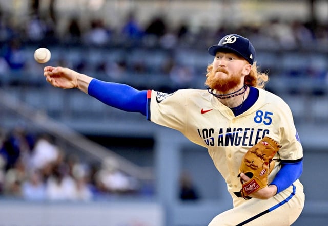 Starting pitcher Dustin May #85 of the Los Angeles Dodgers throws to the plate against the Washington Nationals in the first inning during a baseball game at Dodger Stadium in Los Angeles on Saturday, June 21, 2025. (Photo by Keith Birmingham, Orange County Register/ SCNG)