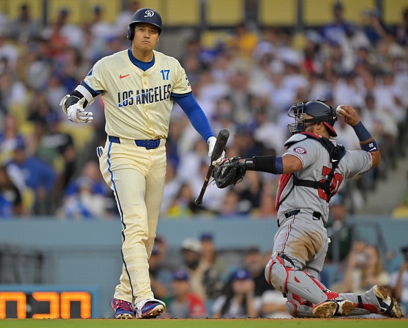 LOS ANGELES, CALIFORNIA – JUNE 21: Shohei Ohtani #17 of the Los Angeles Dodgers reacts after striking out in the third inning against the Washington Nationals at Dodger Stadium on June 21, 2025 in Los Angeles, California. (Photo by Jayne Kamin-Oncea/Getty Images)