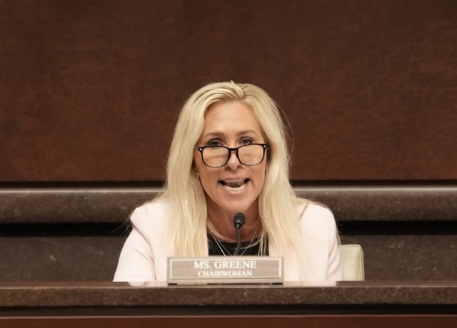 US Representative Marjorie Taylor Greene (R-GA) speaks during a on Capitol Hill in Washington, DC, on May 7, 2025.