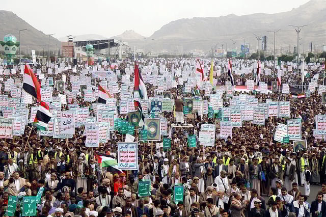 SANA'A, YEMEN - MAY 9: Yemen's Houthi supporters participate in a demonstration staged against Israel and the US president Donald Trump on May 9, 2025 in Sana'a, Yemen. US President Donald Trump announced on Tuesday that they will stop bombing the Houthis in Yemen, after the group agreed to stop interrupting important shipping lanes in the Middle East. (Photo by Mohammed Hamoud/Getty Images)