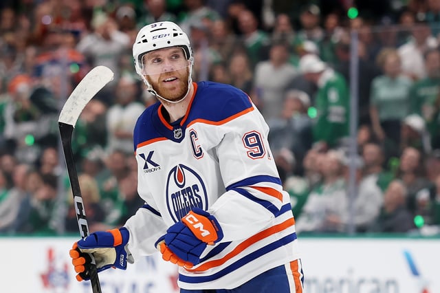 Connor McDavid #97 of the Edmonton Oilers celebrates after scoring a goal against Casey DeSmith #1 of the Dallas Stars during the second period in Game Five of the Western Conference Final of the 2025 Stanley Cup Playoffs at American Airlines Center on May 29, 2025 in Dallas, Texas.