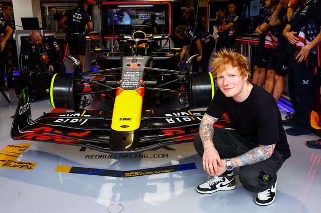 Ed Sheeran poses for a photo outside the Oracle Red Bull Racing garage prior to Sprint Qualifying ahead of the F1 Grand Prix of Miami at Miami International Autodrome on May 03, 2024 in Miami, Florida.