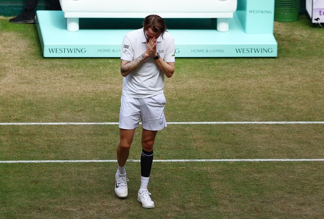 Tennis - Halle Open - OWL Arena, Halle, Germany - June 22, 2025 Kazakhstan's Alexander Bublik celebrates after winning the final against Russia's Daniil Medvedev REUTERS/Leon Kuegeler