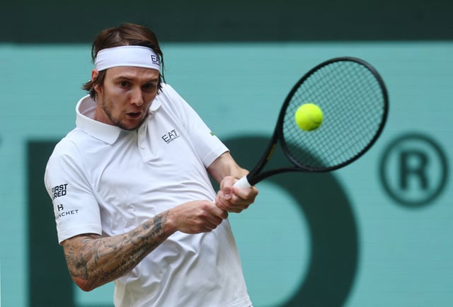 Tennis - Halle Open - OWL Arena, Halle, Germany - June 22, 2025 Kazakhstan's Alexander Bublik in action during the final against Russia's Daniil Medvedev REUTERS/Leon Kuegeler