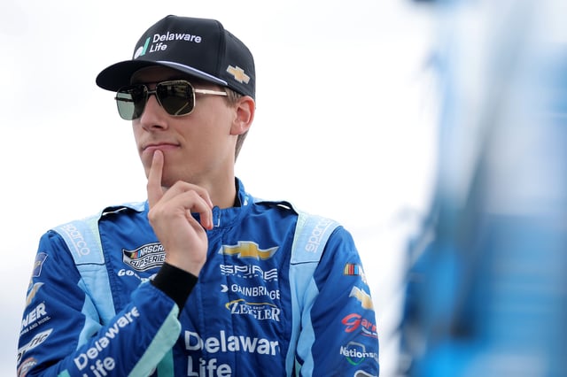 Carson Hocevar, driver of the #7 Delaware Life Chevrolet, looks on during practice for the NASCAR Craftsman Truck Series MillerTech Battery 200 at Pocono Raceway on June 20, 2025 in Long Pond, Pennsylvania.