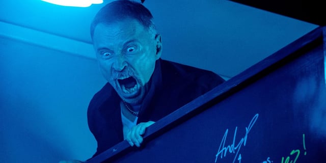 Robert Carlyle, as Begbie in 'T2 Trainspotting', is angry to discover Renton in the next bathroom stall