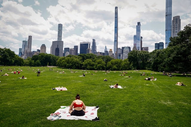 People sunbathe in Central Park in New York City on June 20, 2025. (Photo by kena betancur / AFP) (Photo by KENA BETANCUR/AFP via Getty Images)