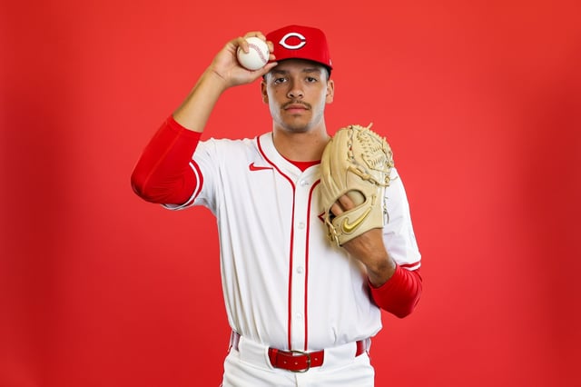 GOODYEAR, ARIZONA - FEBRUARY 18: Chase Burns of the Cincinnati Reds poses for a portrait during photo day at the Cincinnati Reds Player Development Complex on February 18, 2025 in Goodyear, Arizona. (Photo by Emilee Chinn/Getty Images)
