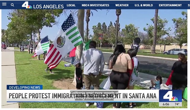 Protesters gathered in Santa Ana on Saturday, June 21 after a man was seen on a video posted to social media being repeatedly hit by a federal agent as the man was being restrained. (NBC4)