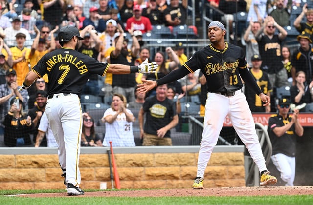 PITTSBURGH, PENNSYLVANIA - JUNE 8: Ke&#39;Bryan Hayes #13 of the Pittsburgh Pirates celebrates with Isiah Kiner-Falefa #7 after coming around to score an RBI double by Jared Triolo #19 (not pictured) in the second inning during the game against the Philadelphia Phillies at PNC Park on June 8, 2025 in Pittsburgh, Pennsylvania.