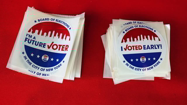 Voting stickers are seen during the New York Primary elections at the Brooklyn Museum.