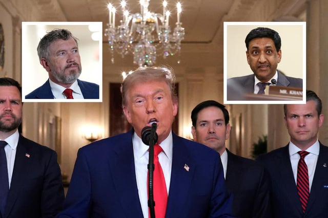 Main image: President Donald Trump addresses the nation, alongside Vice President JD Vance (L), Secretary of State Marco Rubio (2nd R) and Secretary of Defense Pete Hegseth (R), from the White House in Washington, D.C on June 21, following the announcement that the U.S. bombed nuclear sites in Iran. Left inset: Representative Thomas Massie (R-Kentucky) leaves a House Republican caucus meeting at the U.S. Capitol on June 4 in Washington, D.C. Right inset: Representative Ro Khanna (D-California) at the Rayburn House Office Building on June 11, 2024 in Washington, D.C.