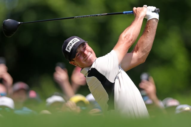 Viktor Hovland of Norway plays his shot from the first tee during the final round of the Travelers Championship 2025 at TPC River Highlands on June 22, 2025 in Cromwell, Connecticut.