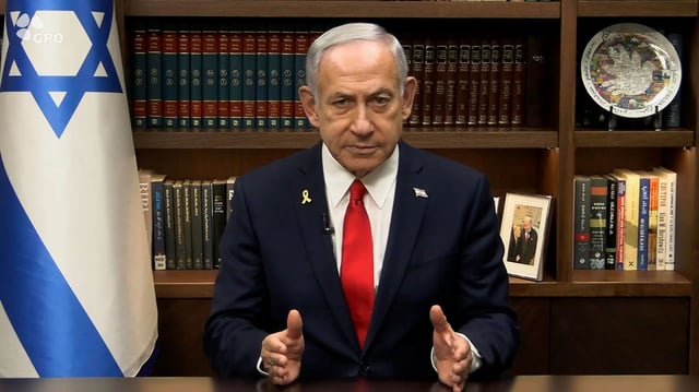 Israeli Prime Minister Benjamin Netanyahu speaks in Jerusalem on Sunday, June 22, 2025, following US strikes on Iranian nuclear facilities.