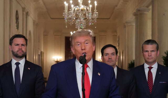 President Donald Trump delivers an address to the nation accompanied by U.S. Vice President JD Vance, U.S. Secretary of State Marco Rubio and U.S. Defense Secretary Pete Hegseth, at the White House in Washington, D.C., U.S. June 21, 2025, following U.S. strikes on Iran.